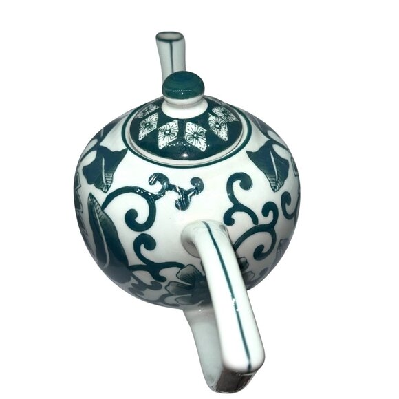 Vintage Porcelain Teapot With Floral Green & White Pattern Elegant Curved Handle - Picture 10 of 13